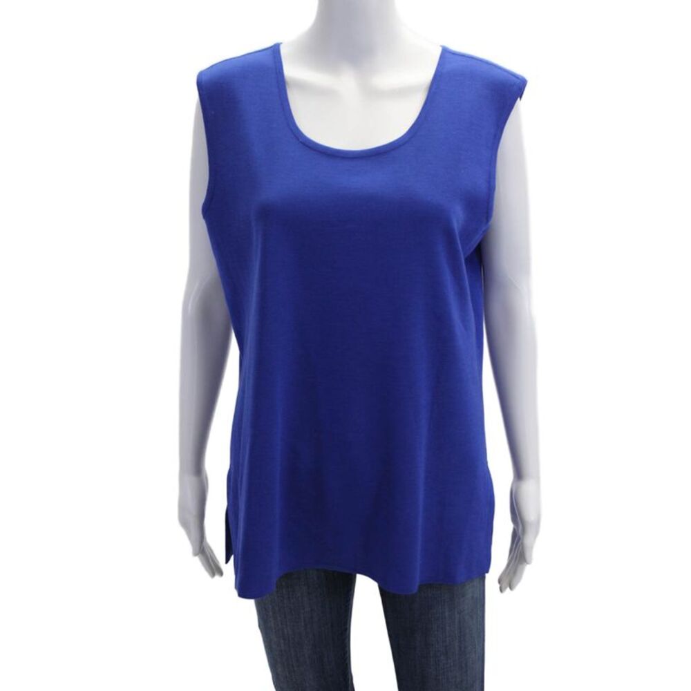 Misook Women Blue Basic Tank Round Neck Acrylic Polyester Size L